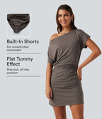 One Shoulder Short Sleeve Ruched Tummy Control 2-in-1 Mini Casual Dress — Chocolate Chip — view 1