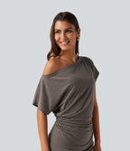 One Shoulder Short Sleeve Ruched Tummy Control 2-in-1 Mini Casual Dress — Chocolate Chip — view 5