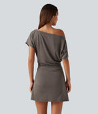 One Shoulder Short Sleeve Ruched Tummy Control 2-in-1 Mini Casual Dress — Chocolate Chip — view 3