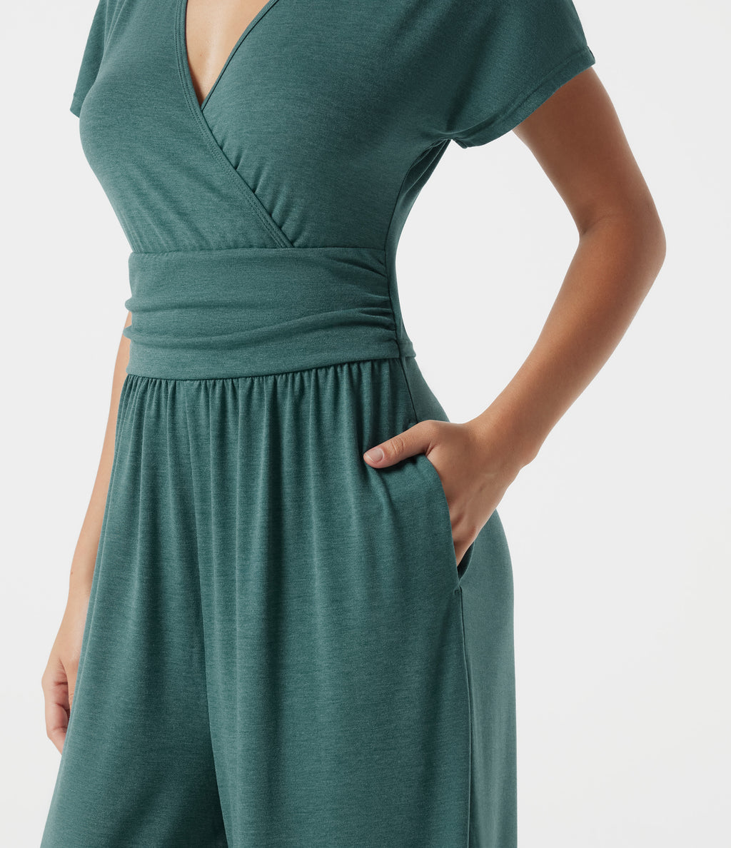 V Neck Batwing Sleeve Ruched Casual Jumpsuit with Pockets-Edition — Jade Green Floral Yarn — view 6