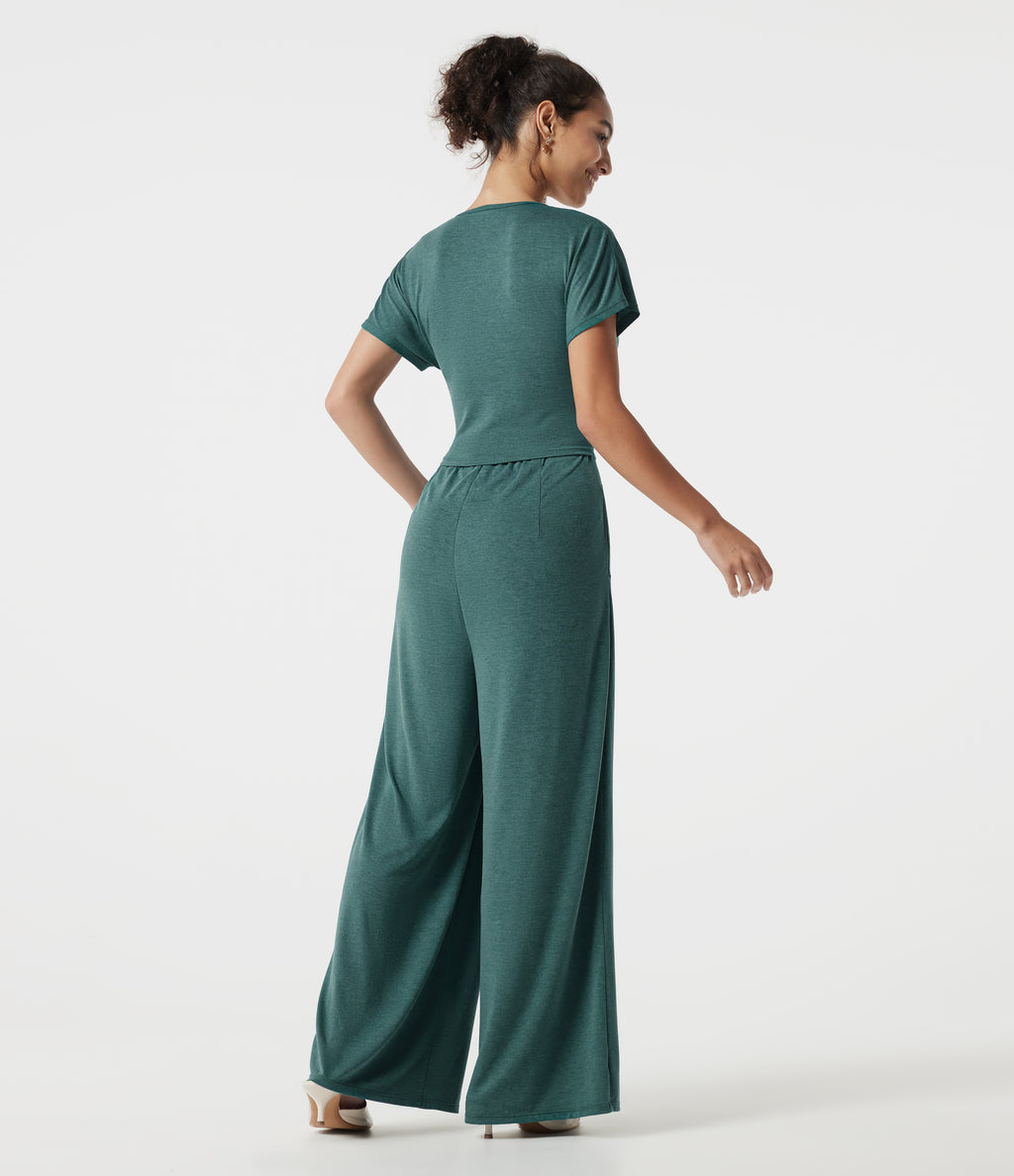 V Neck Batwing Sleeve Ruched Casual Jumpsuit with Pockets-Edition — Jade Green Floral Yarn — view 2