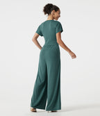 V Neck Batwing Sleeve Ruched Casual Jumpsuit with Pockets-Edition — Jade Green Floral Yarn — view 2