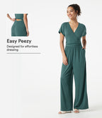 V Neck Batwing Sleeve Ruched Casual Jumpsuit with Pockets-Edition — Jade Green Floral Yarn — view 1