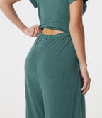 V Neck Batwing Sleeve Ruched Casual Jumpsuit with Pockets-Edition — Jade Green Floral Yarn — view 5