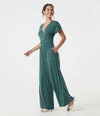 V Neck Batwing Sleeve Ruched Casual Jumpsuit with Pockets-Edition — Jade Green Floral Yarn — view 3