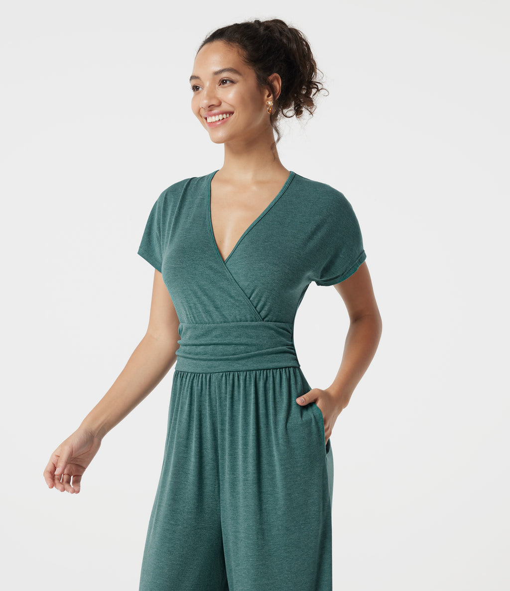 V Neck Batwing Sleeve Ruched Casual Jumpsuit with Pockets-Edition — Jade Green Floral Yarn — view 4