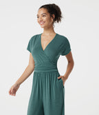 V Neck Batwing Sleeve Ruched Casual Jumpsuit with Pockets-Edition — Jade Green Floral Yarn — view 4
