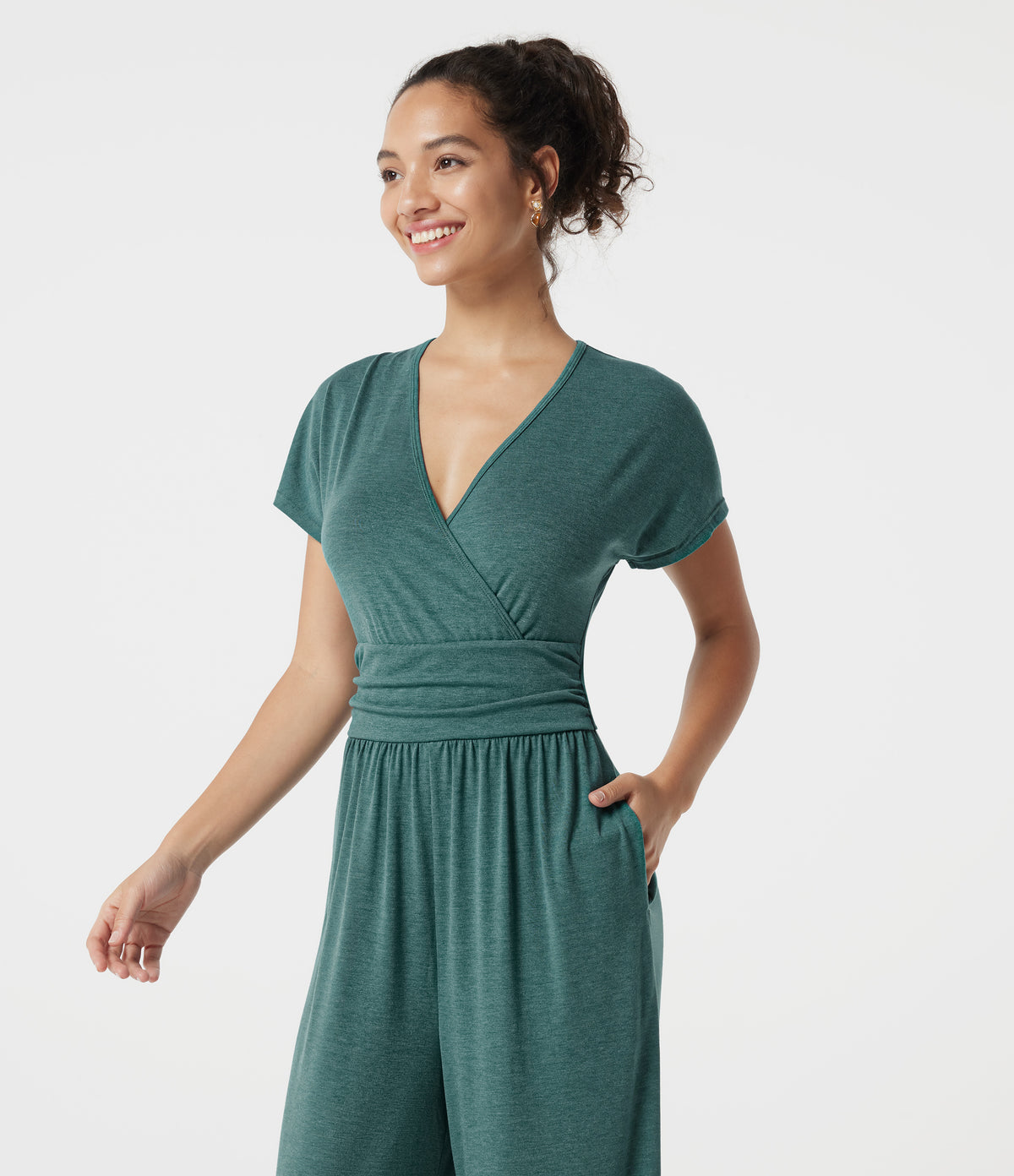 V Neck Batwing Sleeve Ruched Casual Jumpsuit with Pockets-Edition — Jade Green Floral Yarn — view 4
