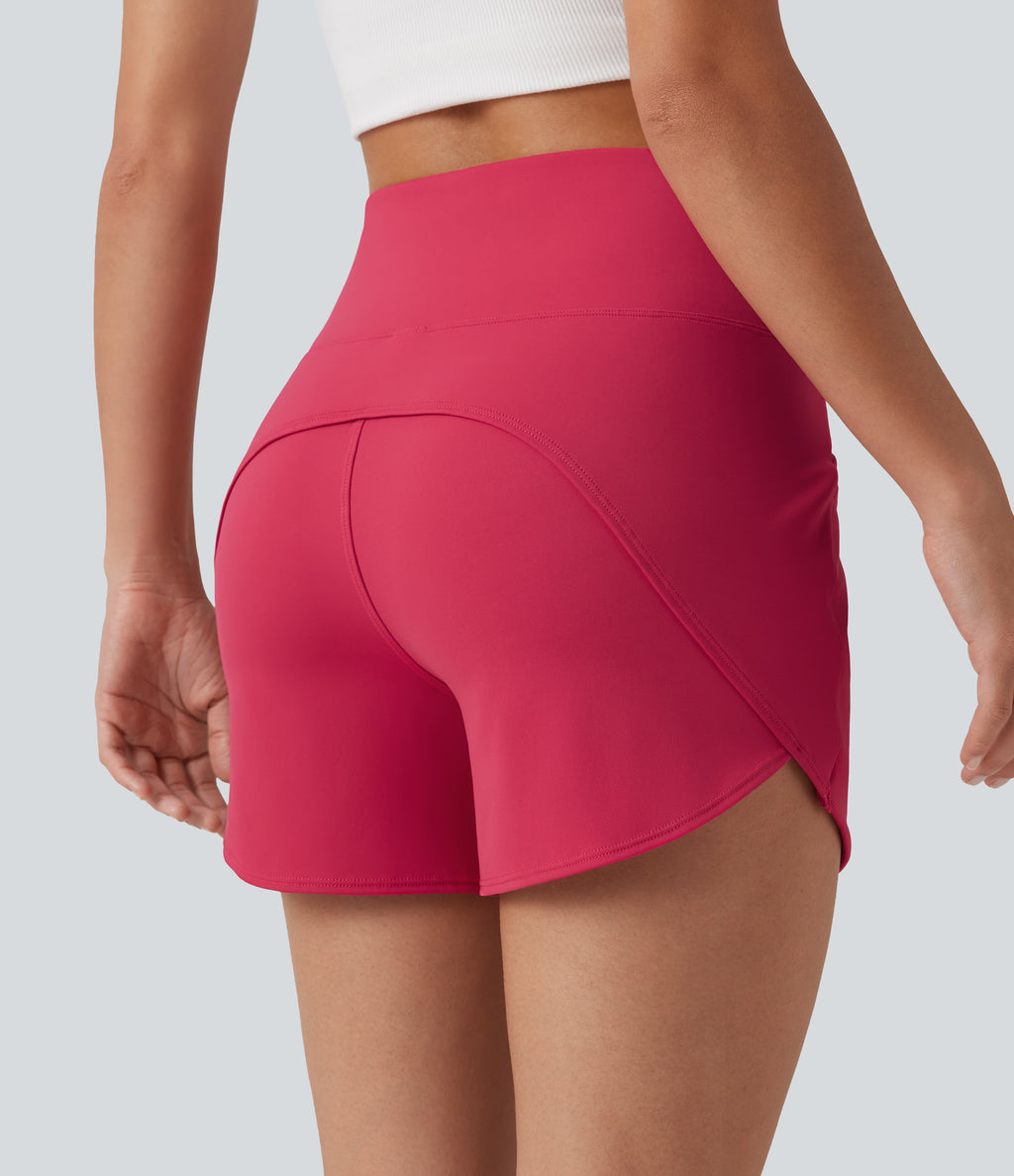 Airy High Waisted Curved Hem Skinny Cool Touch Casual Shorts 4'' with Pockets — Winterberry — view 5