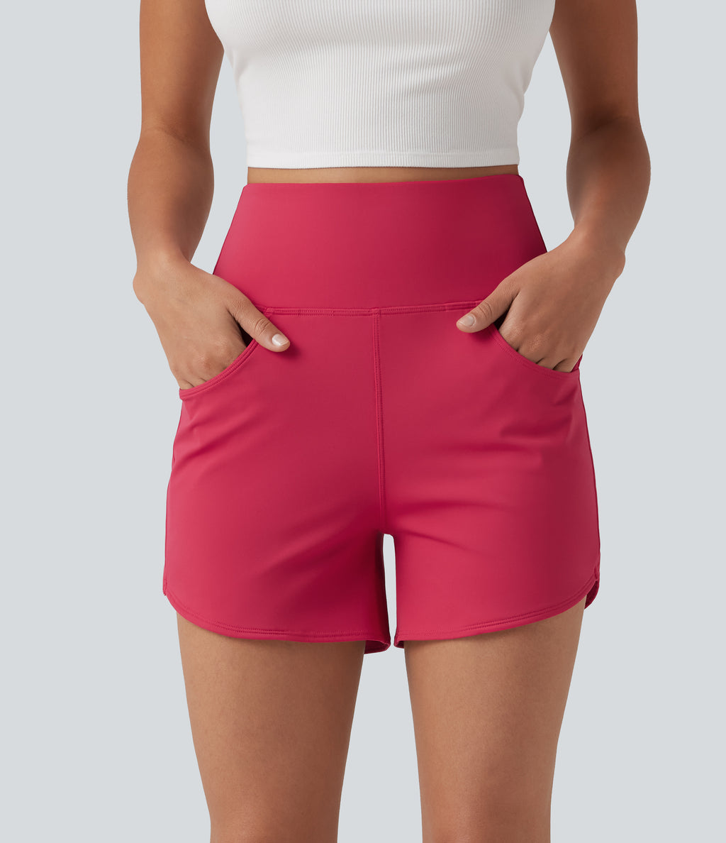 Airy High Waisted Curved Hem Skinny Cool Touch Casual Shorts 4'' with Pockets — Winterberry — view 2