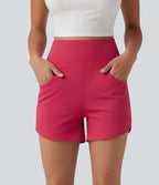 Airy High Waisted Curved Hem Skinny Cool Touch Casual Shorts 4'' with Pockets — Winterberry — view 2