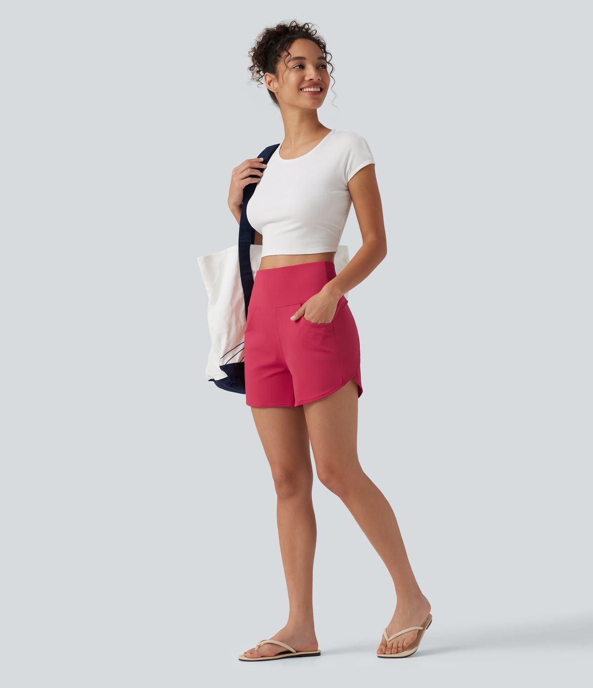 Airy High Waisted Curved Hem Skinny Cool Touch Casual Shorts 4'' with Pockets — Winterberry — view 7
