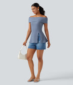 Off Shoulder Short Sleeve Split Hem Casual Top — Country Blue — view 8