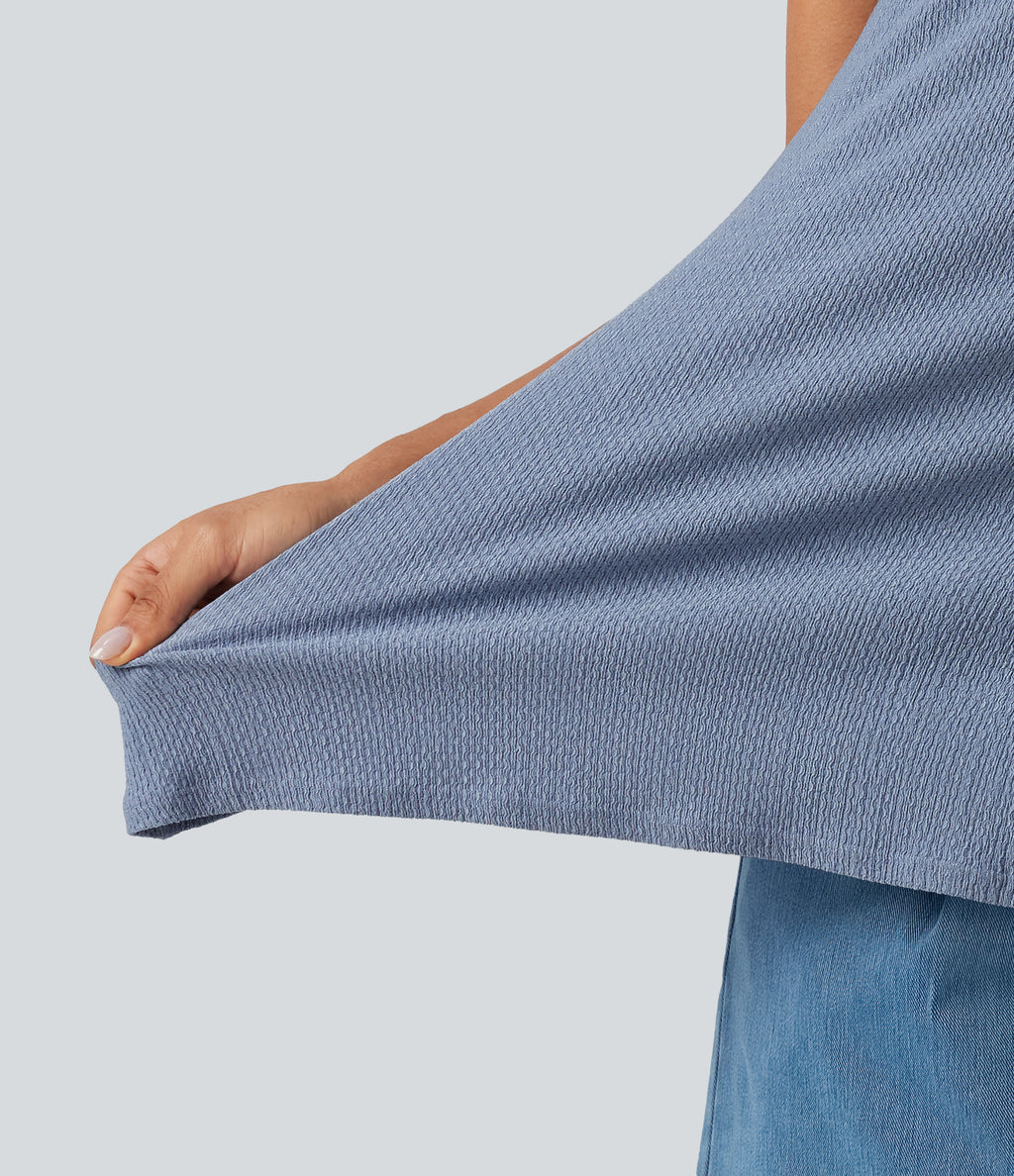 Off Shoulder Short Sleeve Split Hem Casual Top — Country Blue — view 7