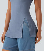 Off Shoulder Short Sleeve Split Hem Casual Top — Country Blue — view 6