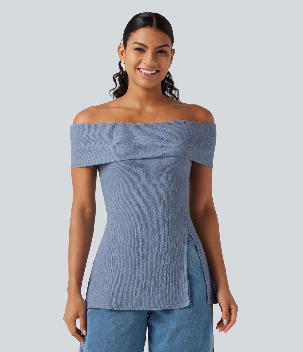 Off Shoulder Short Sleeve Split Hem Casual Top — Country Blue — view 3