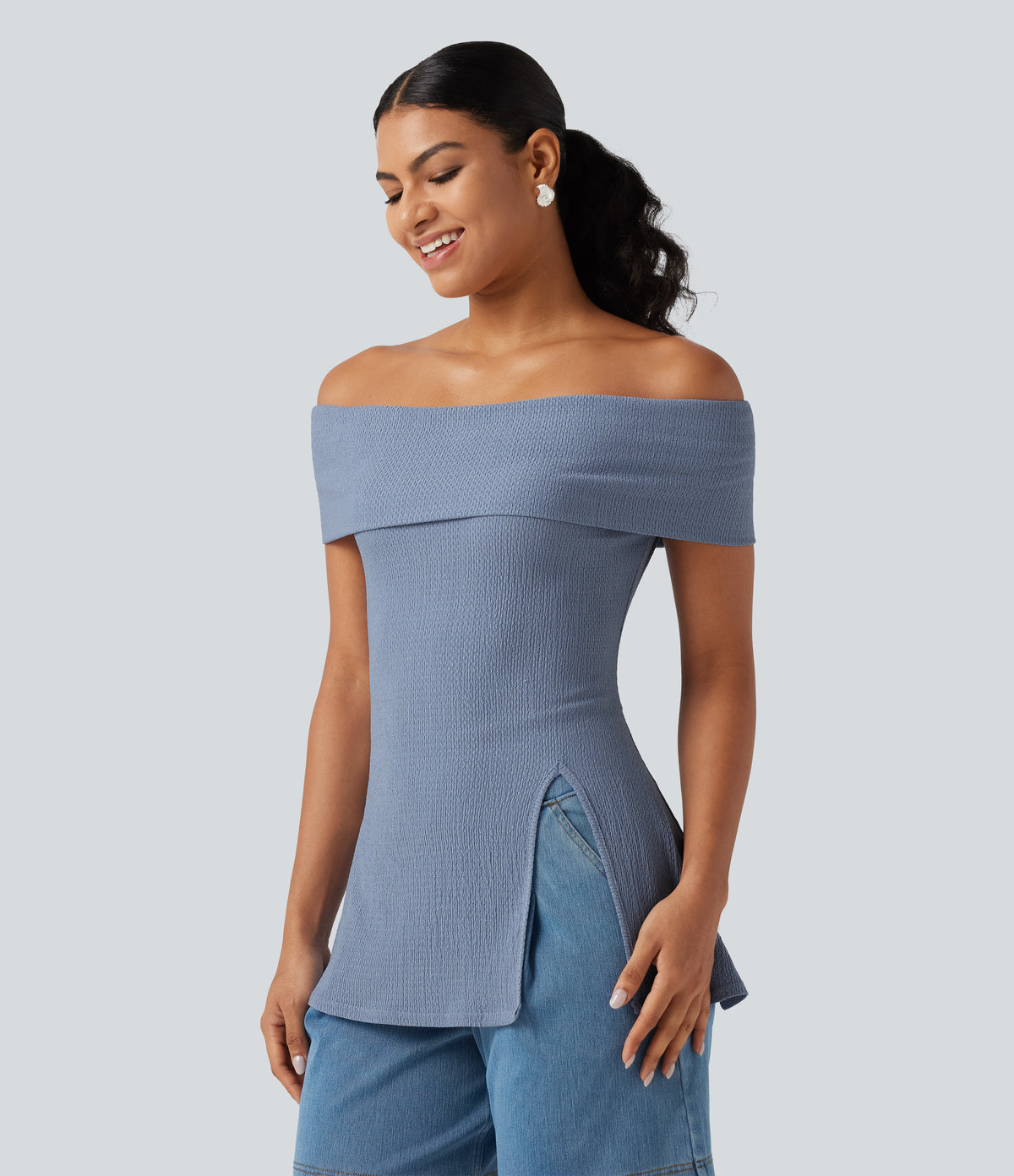 Off Shoulder Short Sleeve Split Hem Casual Top — Country Blue — view 4
