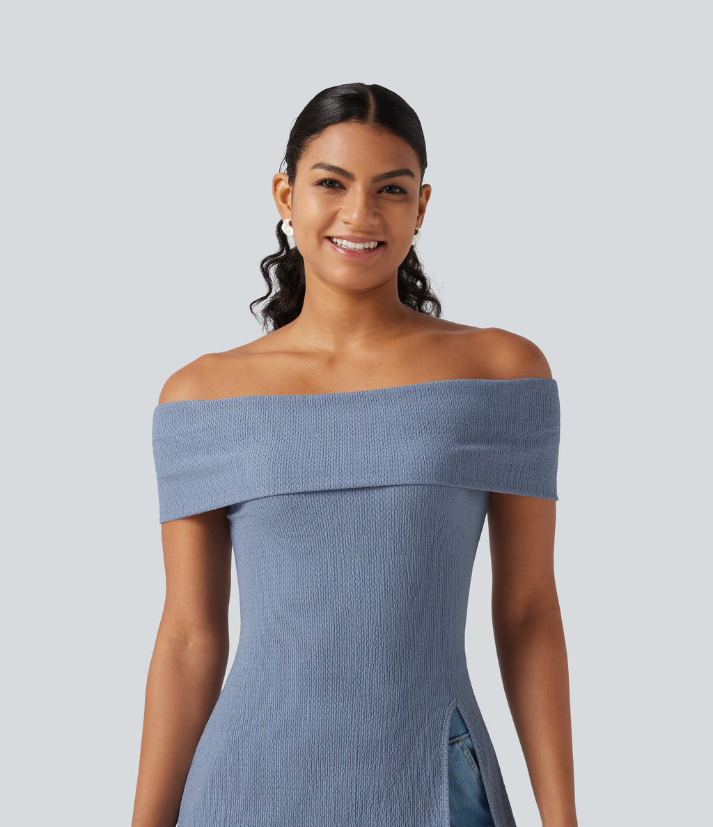 Off Shoulder Short Sleeve Split Hem Casual Top — Country Blue — view 5