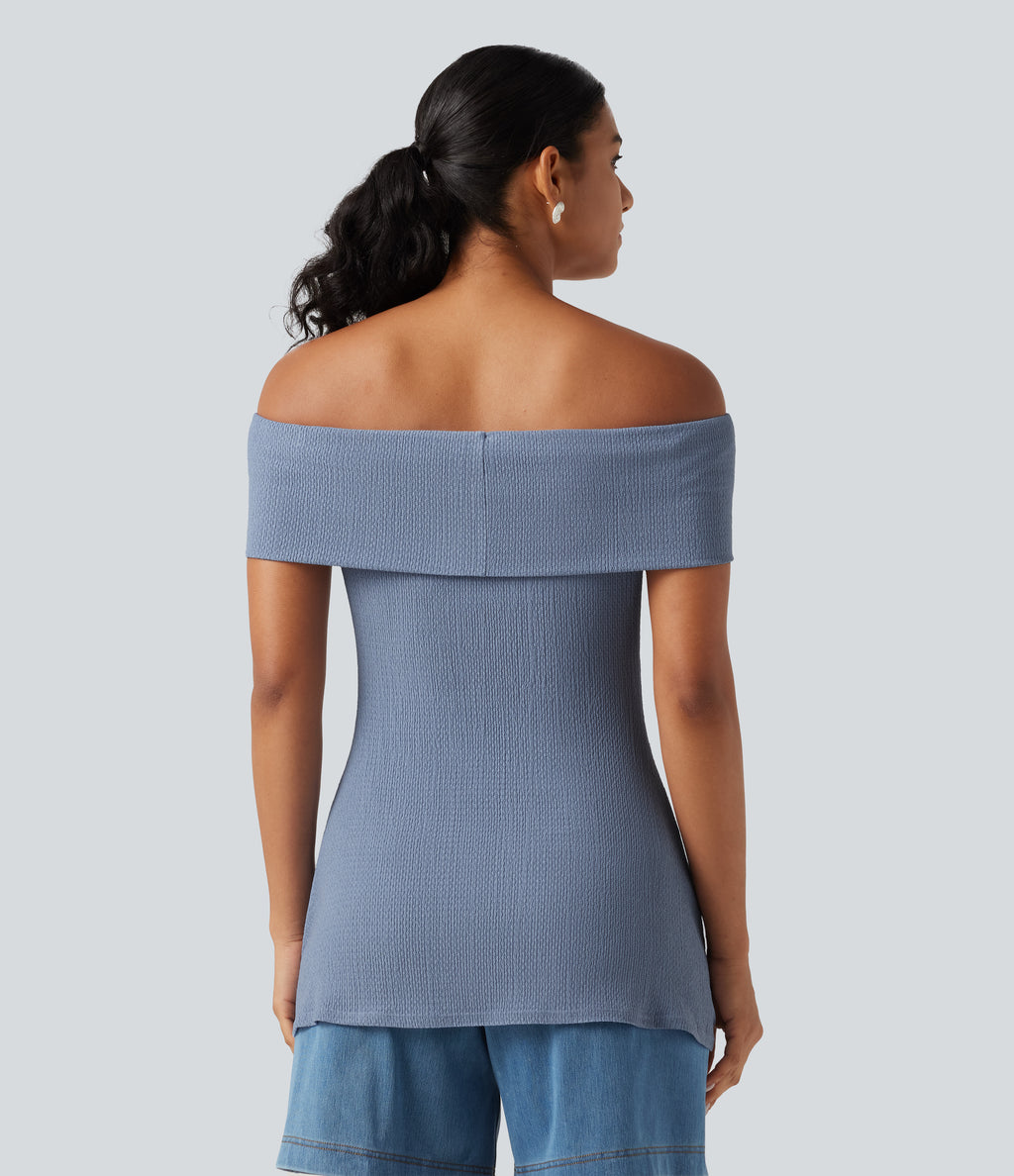 Off Shoulder Short Sleeve Split Hem Casual Top — Country Blue — view 2