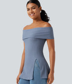 Off Shoulder Short Sleeve Split Hem Casual Top — Country Blue — view 1
