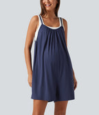 Spaghetti Solid Wide Leg Casual Maternity Playsuit with Pockets — Black Iris — view 3