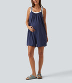 Spaghetti Solid Wide Leg Casual Maternity Playsuit with Pockets — Black Iris — view 7