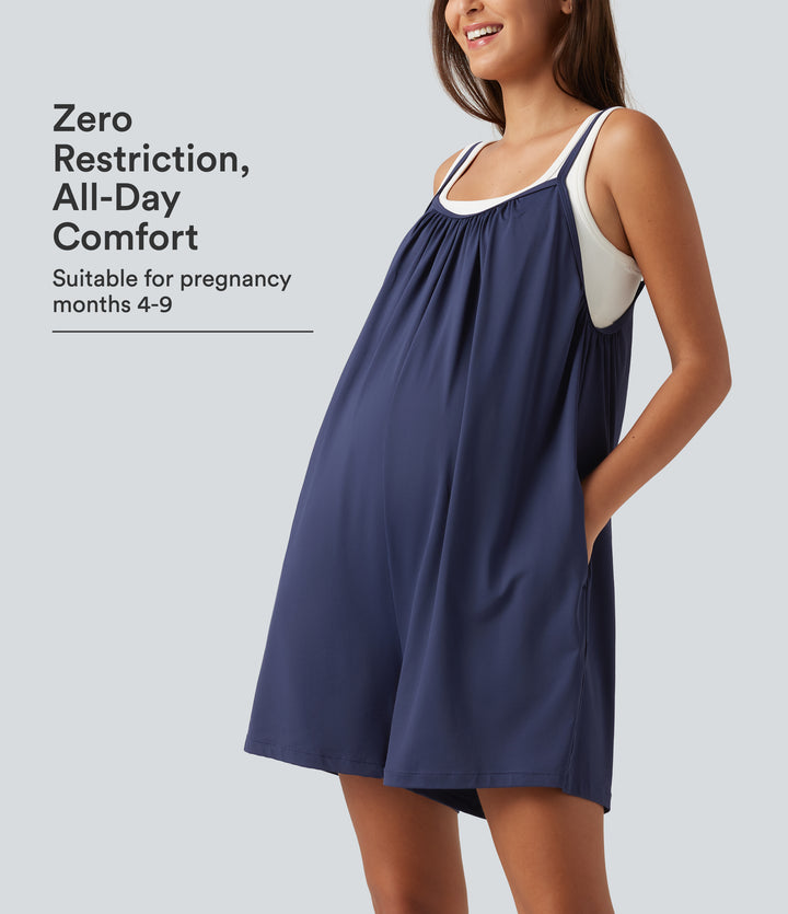 Spaghetti Solid Wide Leg Casual Maternity Playsuit with Pockets — Black Iris — view 1