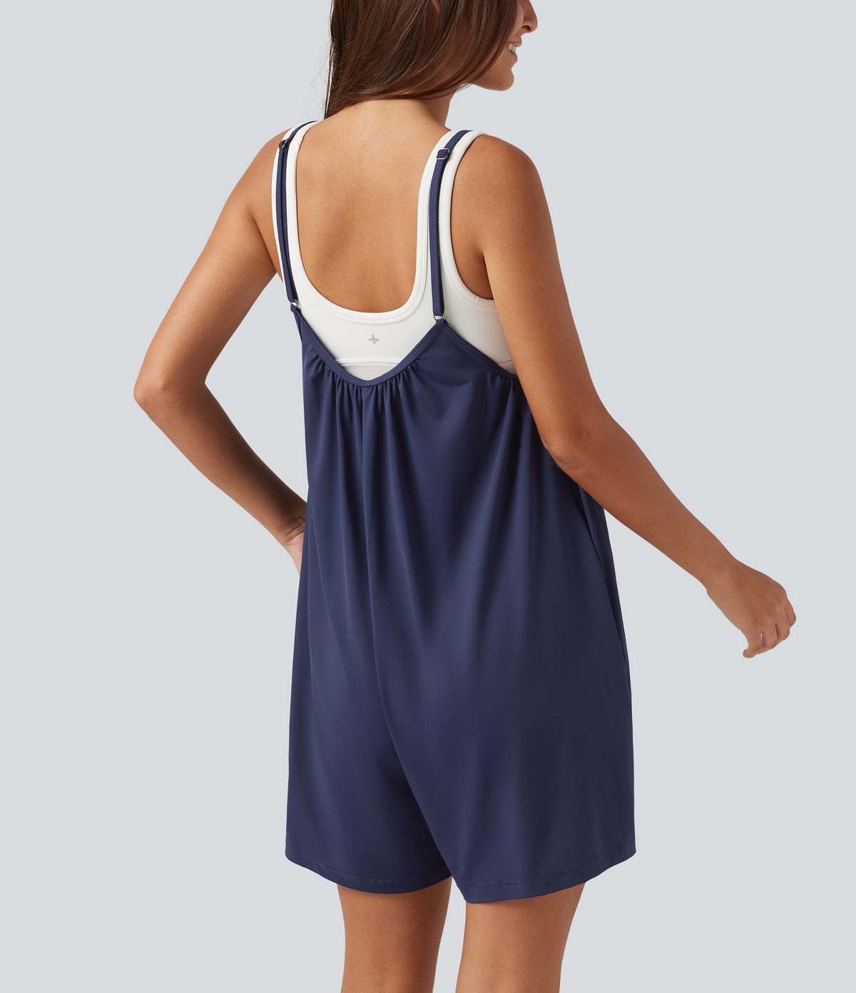 Spaghetti Solid Wide Leg Casual Maternity Playsuit with Pockets — Black Iris — view 4