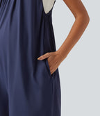 Spaghetti Solid Wide Leg Casual Maternity Playsuit with Pockets — Black Iris — view 5