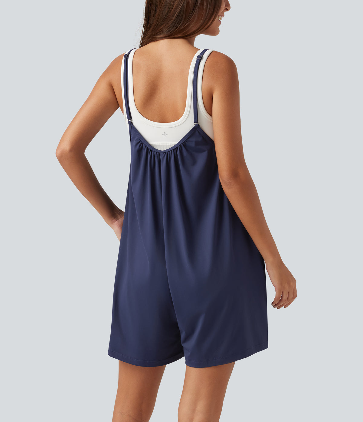 Spaghetti Solid Wide Leg Casual Maternity Playsuit with Pockets — Black Iris — view 2