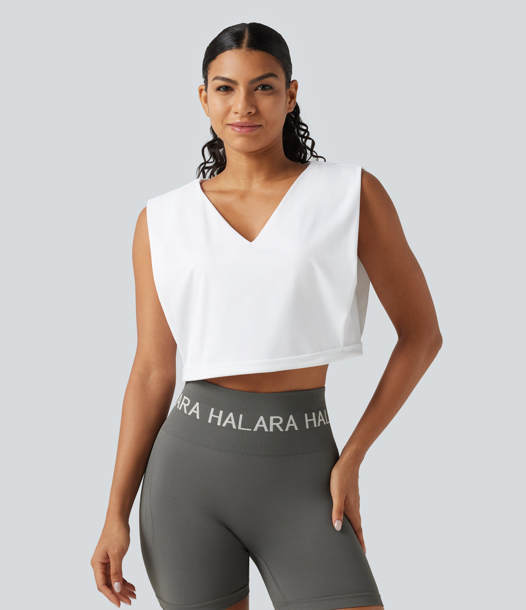 Airy V Neck Rolled Hem InstantCool Cropped Yoga Tank Top — White — view 4