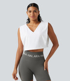 Airy V Neck Rolled Hem InstantCool Cropped Yoga Tank Top — White — view 4