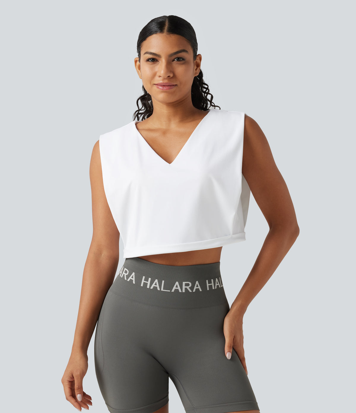 Airy V Neck Rolled Hem InstantCool Cropped Yoga Tank Top — White — view 4