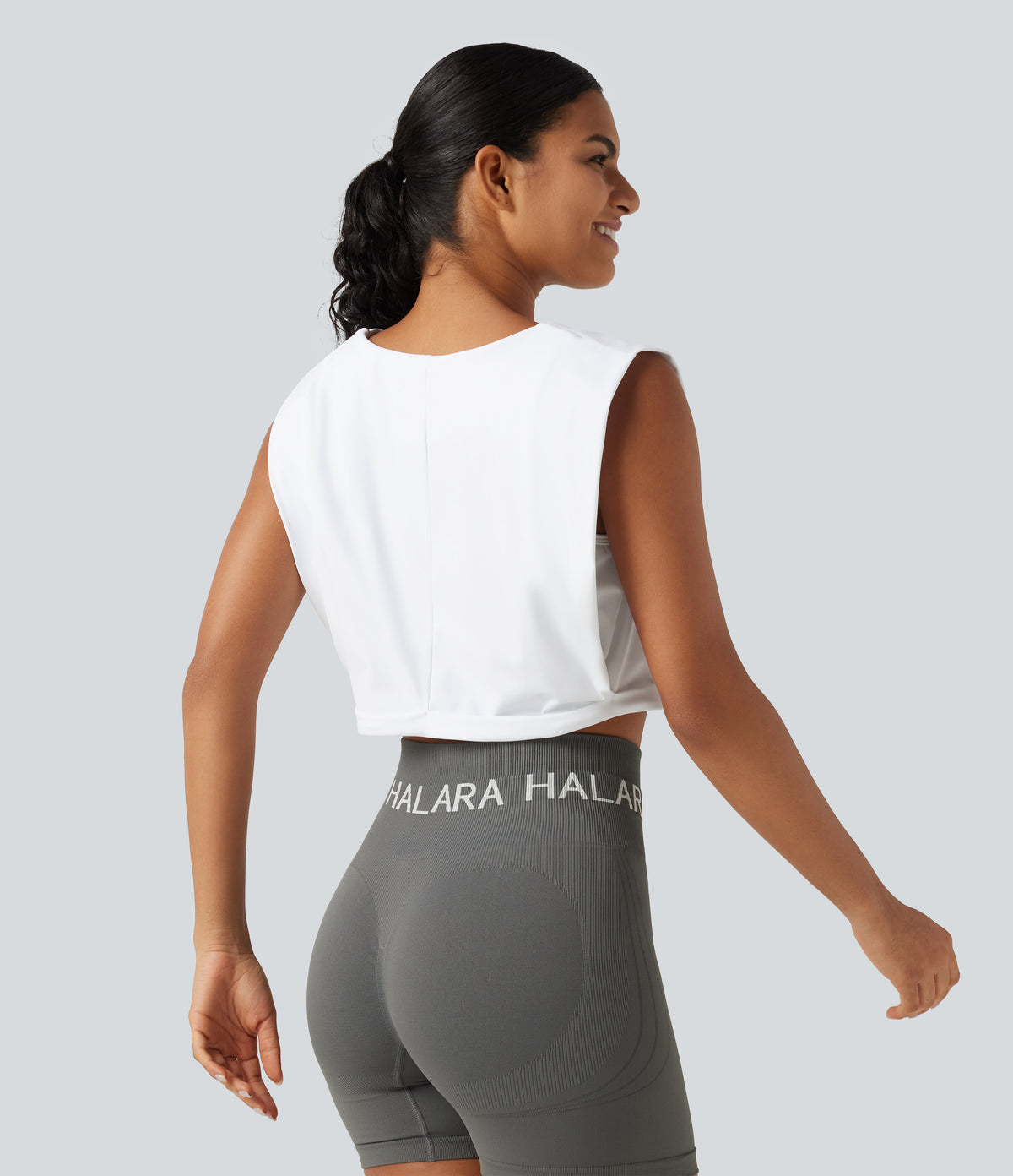 Airy V Neck Rolled Hem InstantCool Cropped Yoga Tank Top — White — view 2