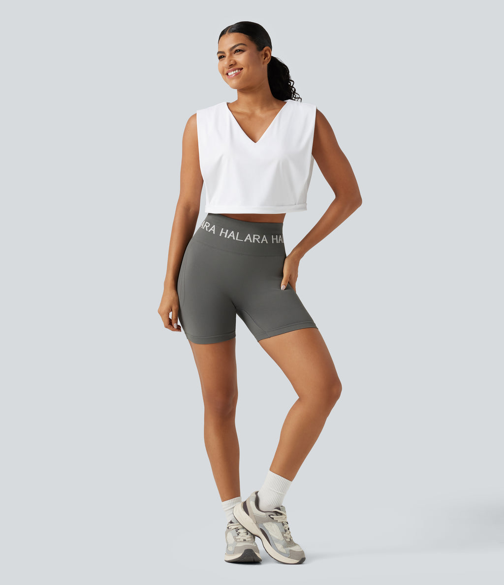 Airy V Neck Rolled Hem InstantCool Cropped Yoga Tank Top — White — view 7