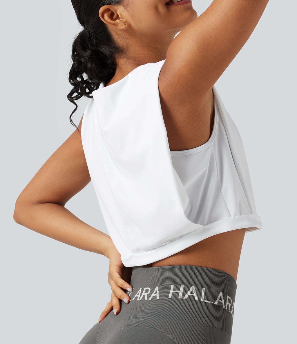 Airy V Neck Rolled Hem InstantCool Cropped Yoga Tank Top — White — view 5