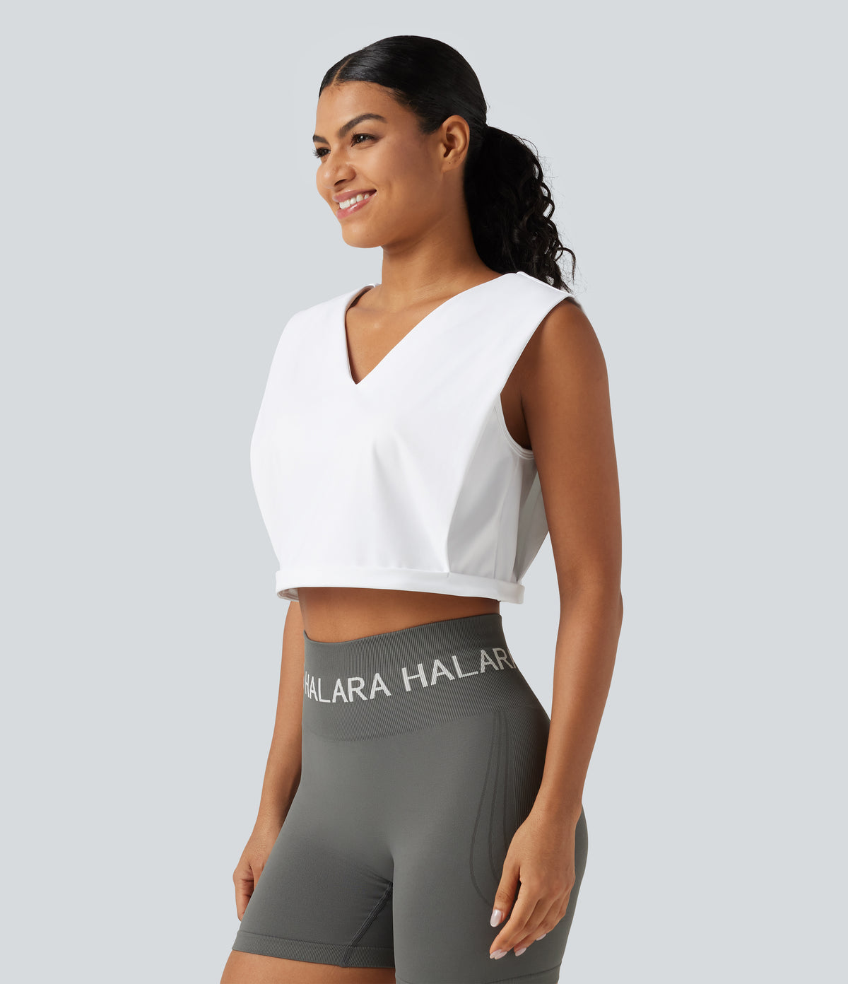 Airy V Neck Rolled Hem InstantCool Cropped Yoga Tank Top — White — view 3