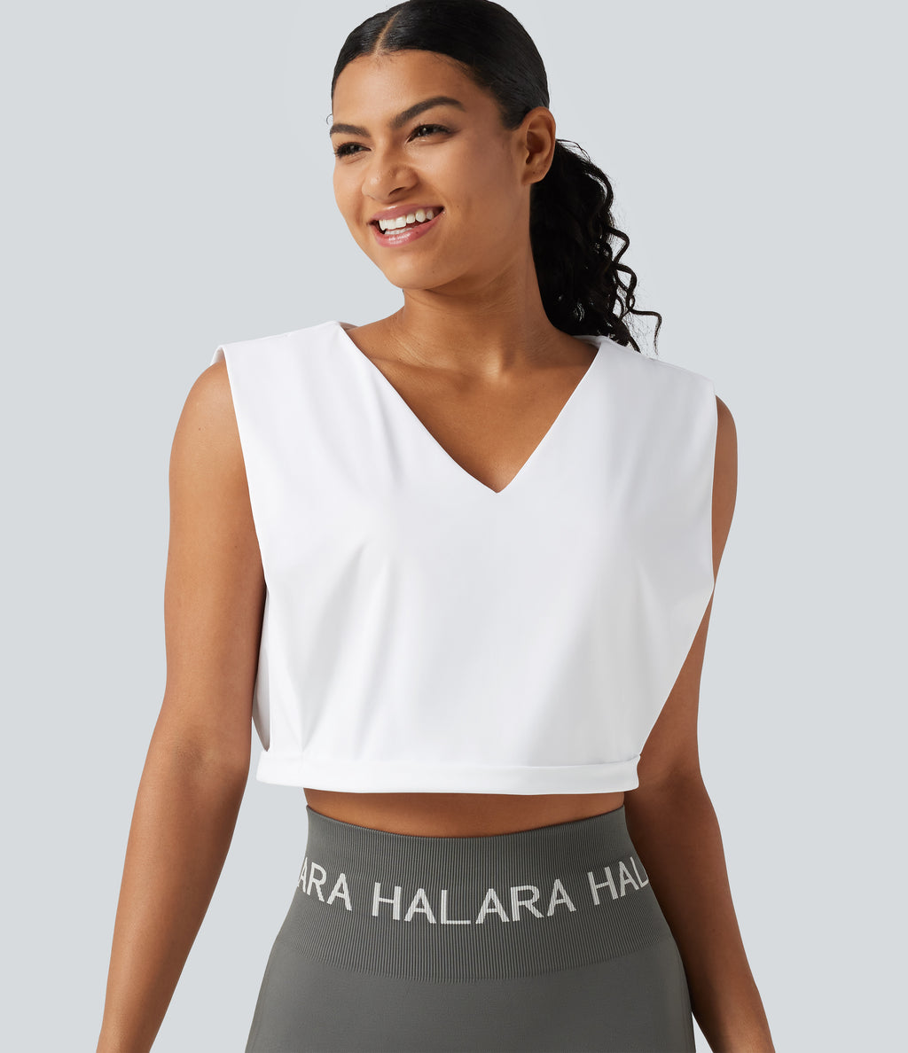 Airy V Neck Rolled Hem InstantCool Cropped Yoga Tank Top — White — view 1