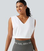 Airy V Neck Rolled Hem InstantCool Cropped Yoga Tank Top — White — view 1