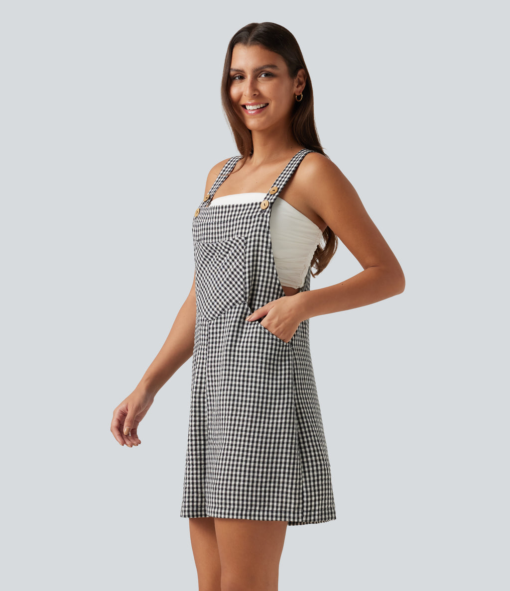 Plaid Casual Linen-Feel Short Dungarees with Pockets — Classic Mono — view 1