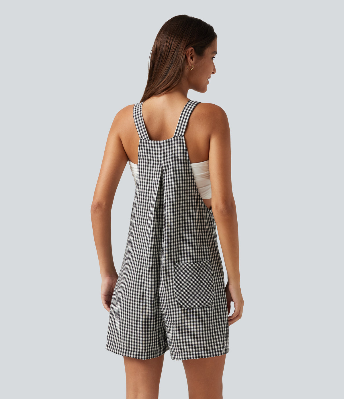 Plaid Casual Linen-Feel Short Dungarees with Pockets — Classic Mono — view 3