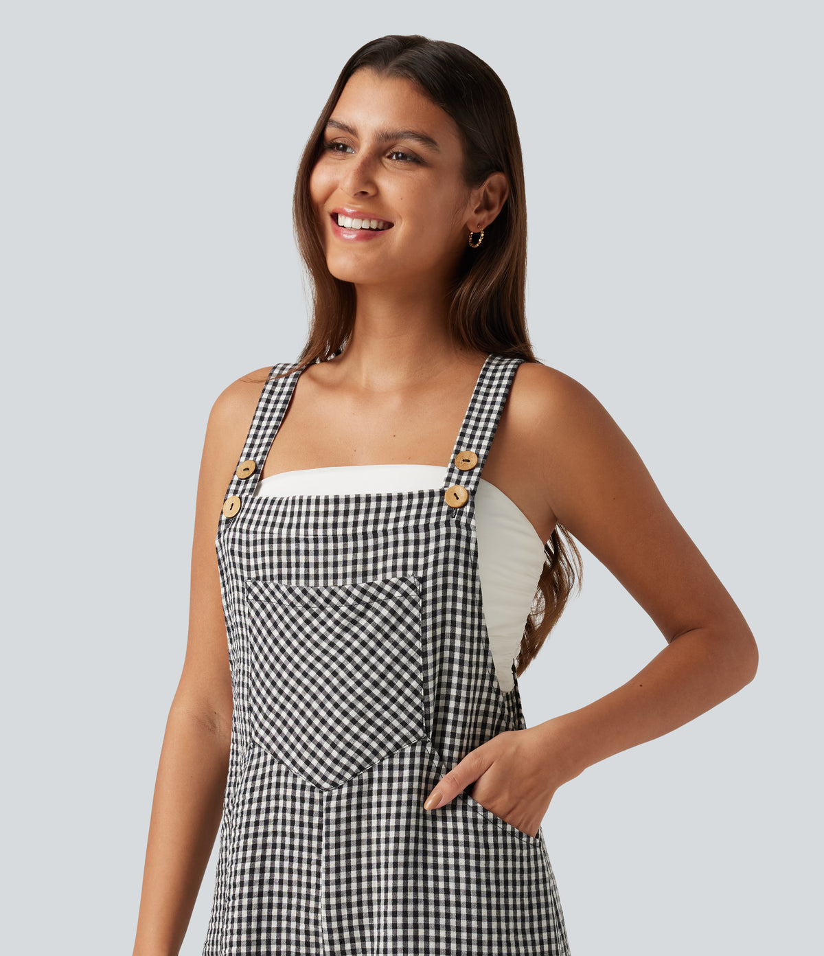 Plaid Casual Linen-Feel Short Dungarees with Pockets — Classic Mono — view 5