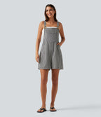 Plaid Casual Linen-Feel Short Dungarees with Pockets — Classic Mono — view 6