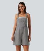 Plaid Casual Linen-Feel Short Dungarees with Pockets — Classic Mono — view 2