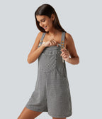 Plaid Casual Linen-Feel Short Dungarees with Pockets — Classic Mono — view 4