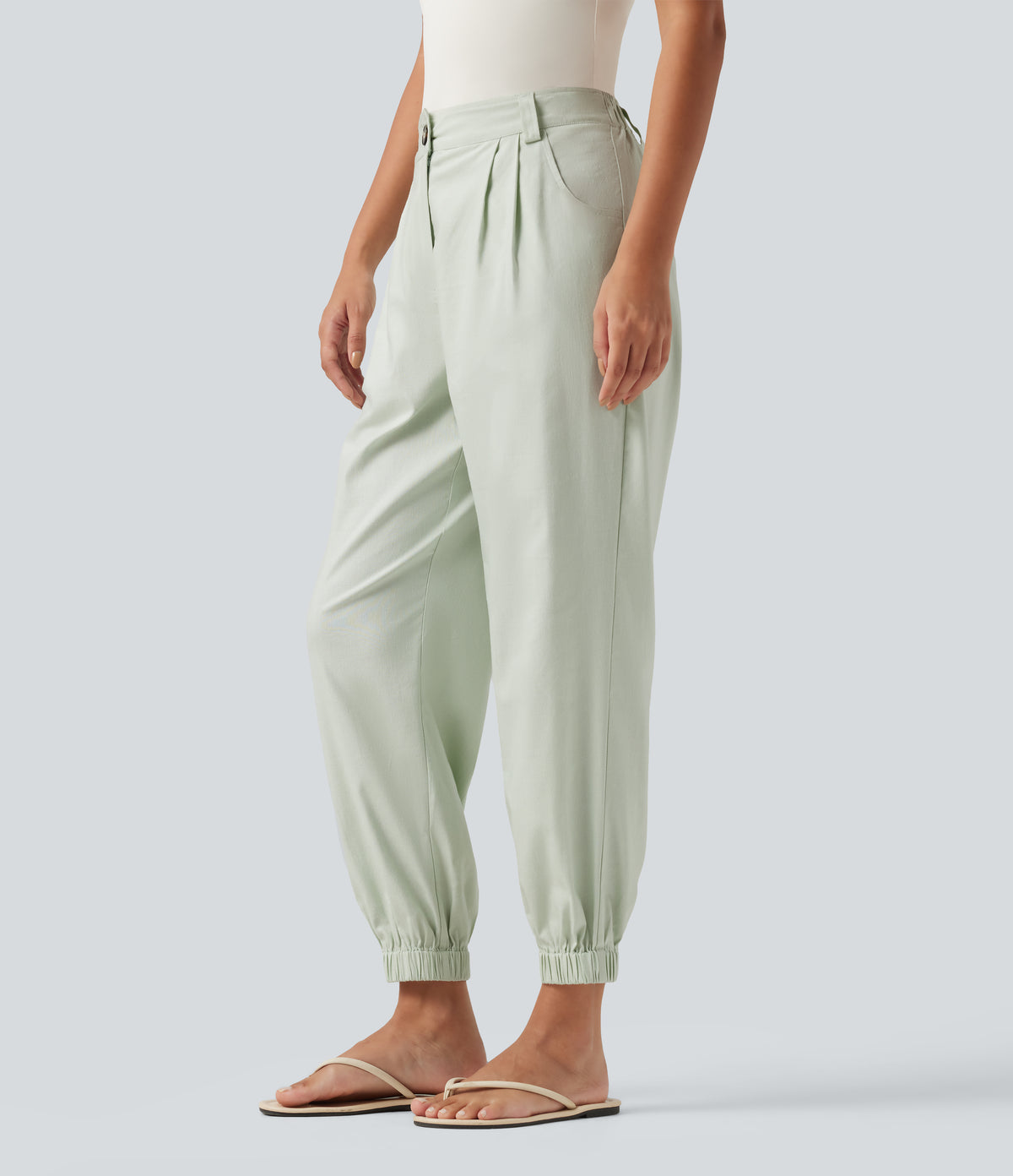 Mid Rise Cotton Linen Casual Joggers with Pockets — Pale Aqua — view 3