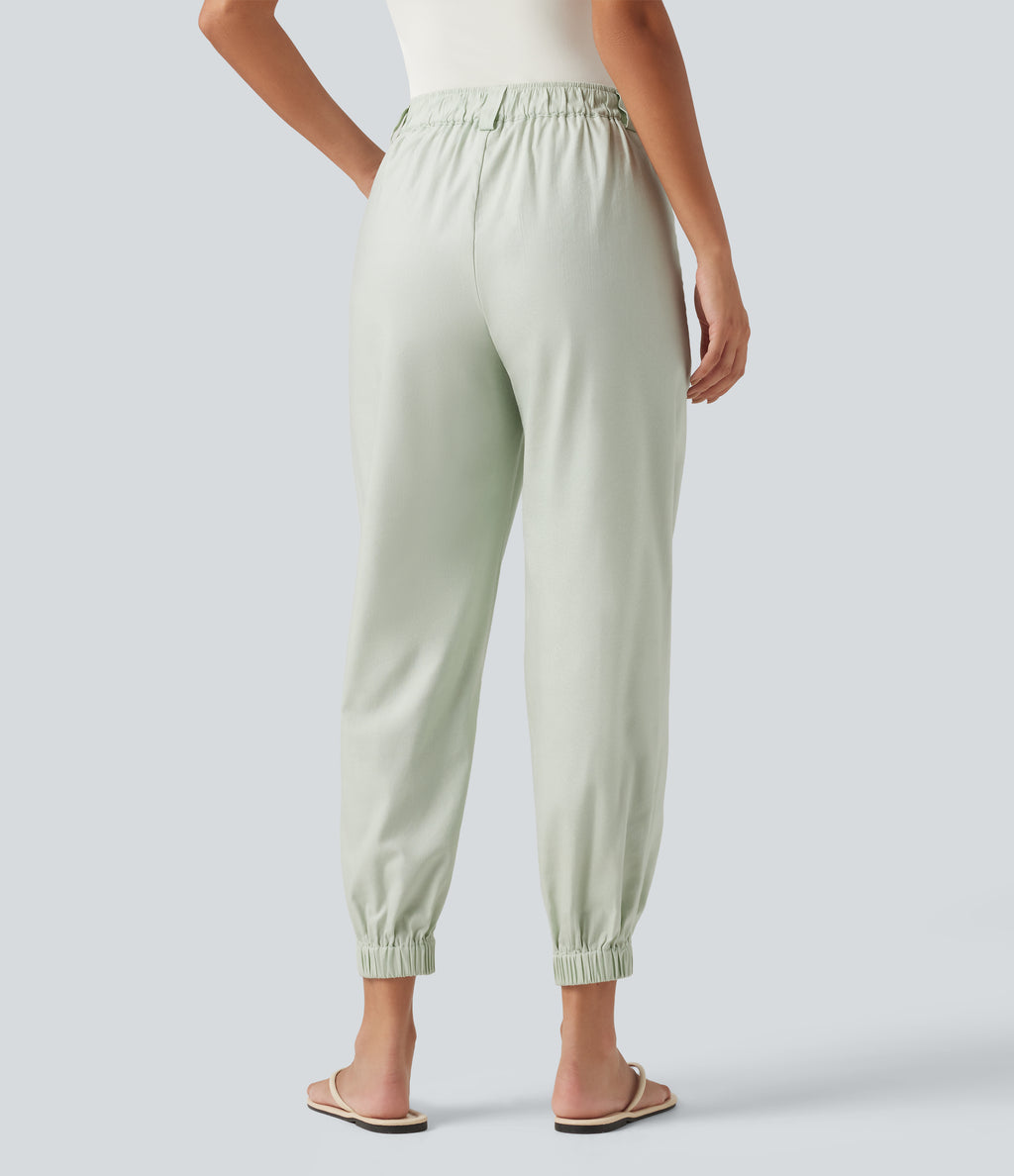 Mid Rise Cotton Linen Casual Joggers with Pockets — Pale Aqua — view 2