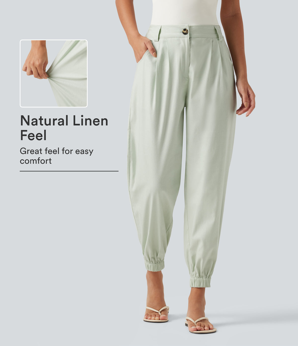 Mid Rise Cotton Linen Casual Joggers with Pockets — Pale Aqua — view 1