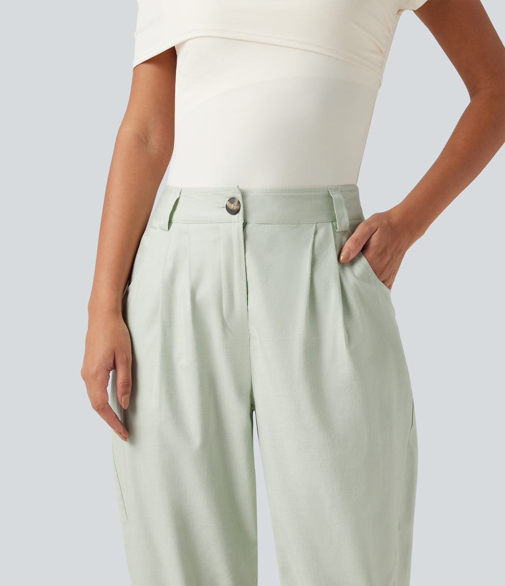 Mid Rise Cotton Linen Casual Joggers with Pockets — Pale Aqua — view 4