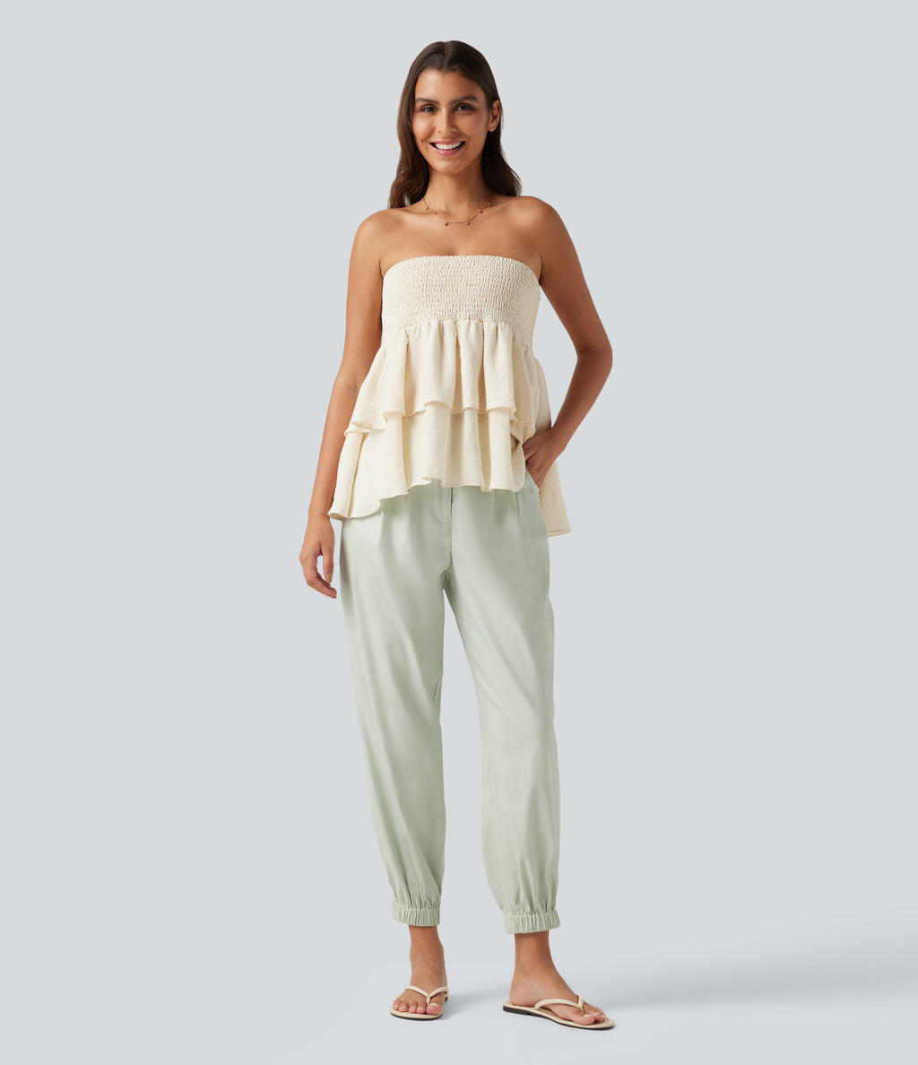 Mid Rise Cotton Linen Casual Joggers with Pockets — Pale Aqua — view 6